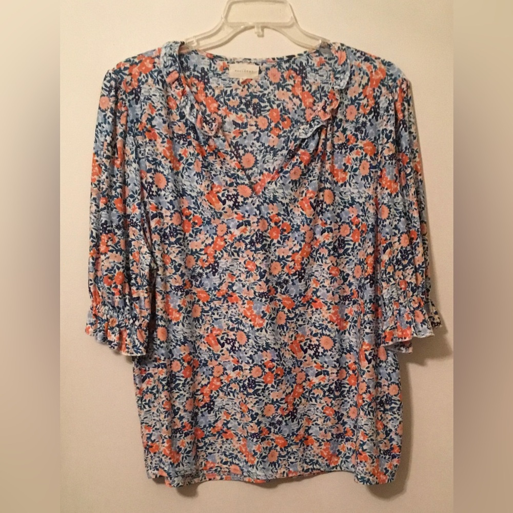 MELLODAY Orange and Blue Ruffled  Neckline Blouse